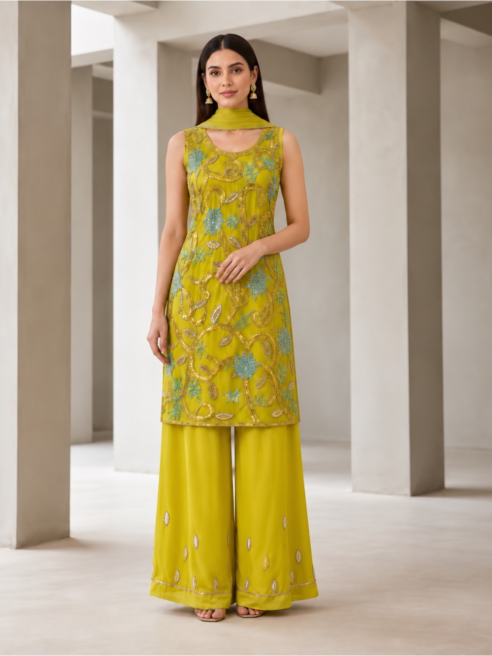 Stunning Yellow Embroidered 3-Piece Pakistani Indian Palazzo Suit | Size Larg